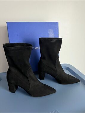 Stuart Weitzman harper bootie 80 black suede leather pointed toe block heels 7